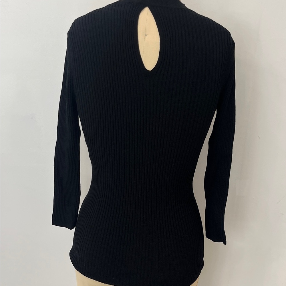 White House Black MarketElegant Black Ribbed Long Sleeve Top - Picture 2 of 5